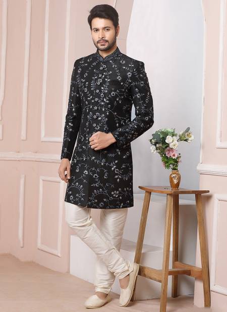 Black Colour New Ethnic Wear Mens Banarasi Silk Indo Western Collection 1661